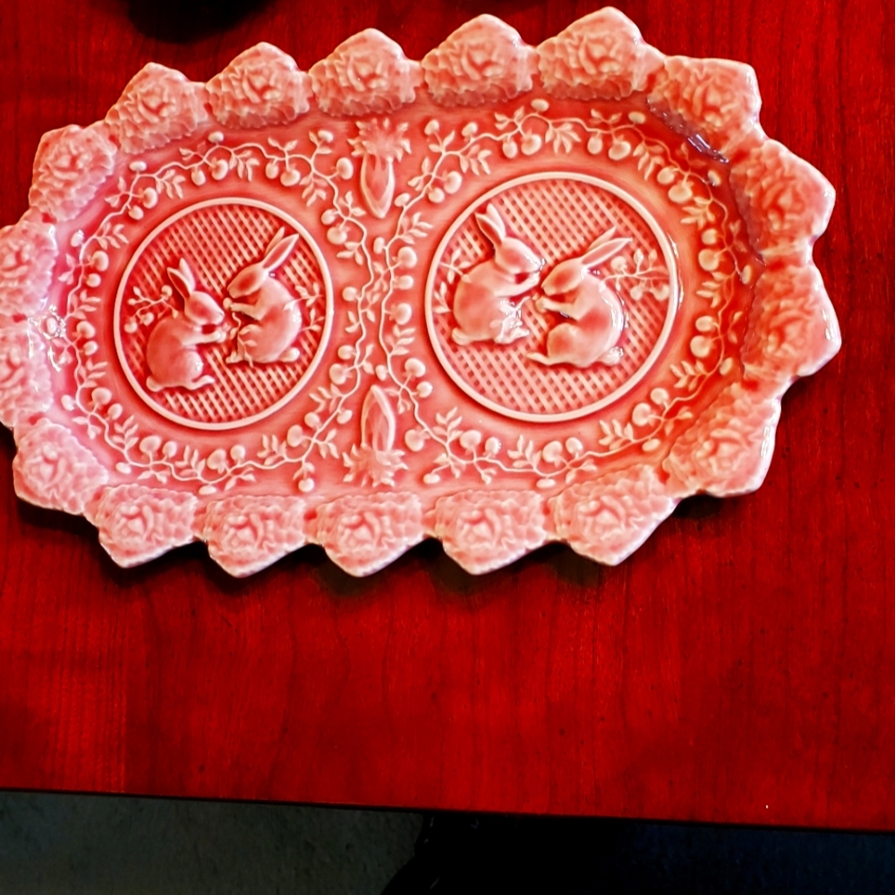 Bordallo Pinheiro Rabbit Pink Platter Tray Easter Serving Portugal